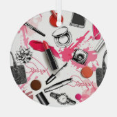 手書きのメイク、ヴィンテージグラフィックパターン。 ガラスオーナメント (裏面)