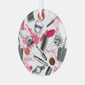 手書きのメイク、ヴィンテージグラフィックパターン。 ガラスオーナメント (正面左)