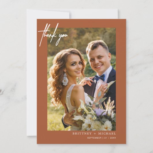 手書きのモダンシンプル写真テラコッタ サンキューカード (正面)