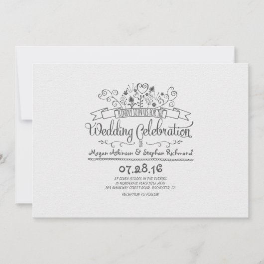 手書きのモダン花カジュアルの結婚式 招待状 (正面)