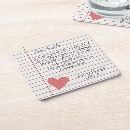 手書きのラブレターまたはメッセージ     スクエアペーパーコースター (アングル)