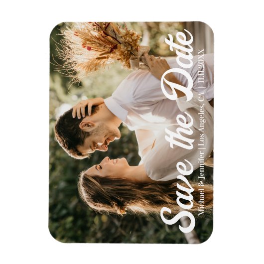 手書きの写真モダンの日付を結婚保存する マグネット (縦)