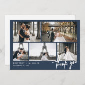 手書きの写真モダンコラージュほこりっぽいネイビーブルー サンキューカード (正面/裏面)