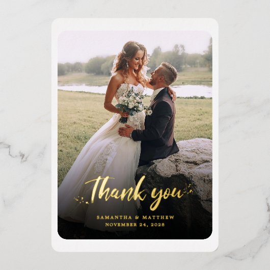 手書きの写真結婚ありがとう金ゴールド 箔招待状 (正面)