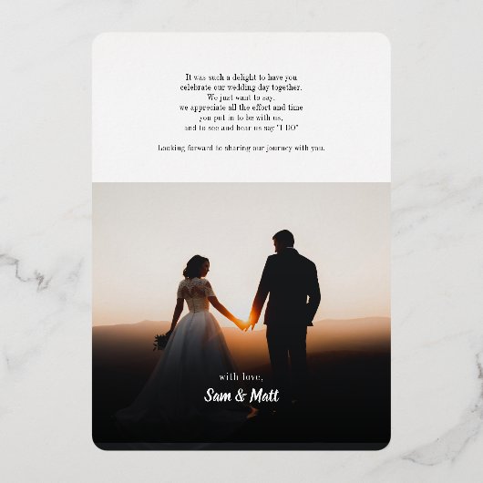 手書きの写真結婚ありがとう金ゴールド 箔招待状 (裏面)