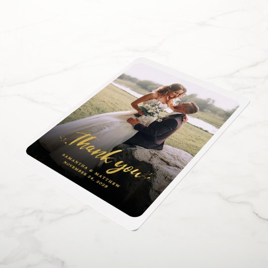 手書きの写真結婚ありがとう金ゴールド 箔招待状 (回転した状態)