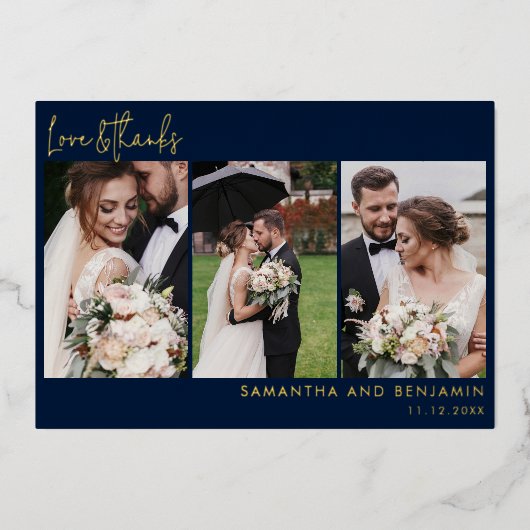 手書きの写真結婚コラージュありがとう金ゴールド 箔招待状 (正面)