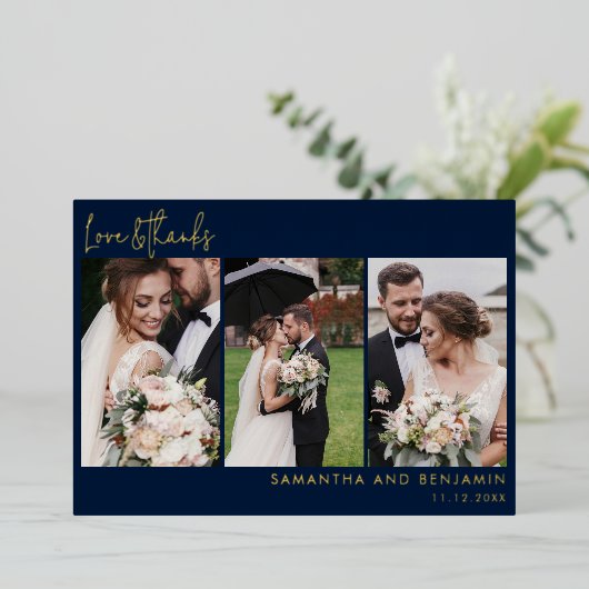 手書きの写真結婚コラージュありがとう金ゴールド 箔招待状 (立ち正面)