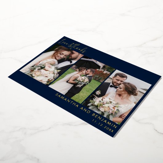 手書きの写真結婚コラージュありがとう金ゴールド 箔招待状 (回転した状態)