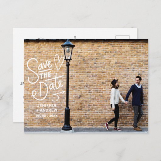 手書きの壁スクリプトの日付を保存する写真 ポストカード (正面/裏面)