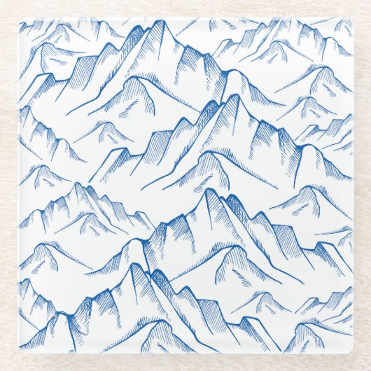 手書きの山の風景パターン。 ガラスコースター (正面)