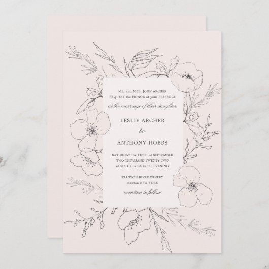 手書きの牡丹赤面ピ結婚ンク 招待状 (正面/裏面)