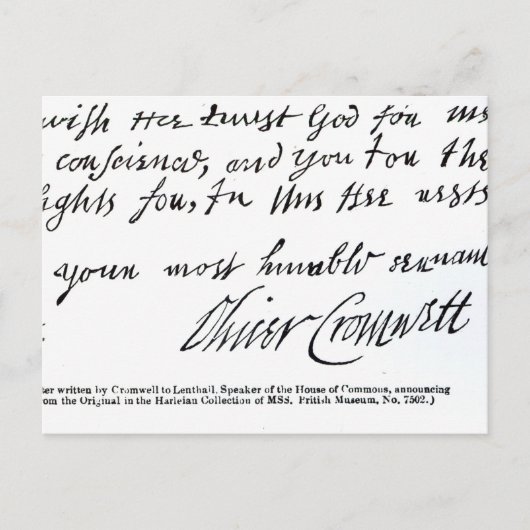 手書きの署名オリバー・クロムウェル ポストカード (正面)