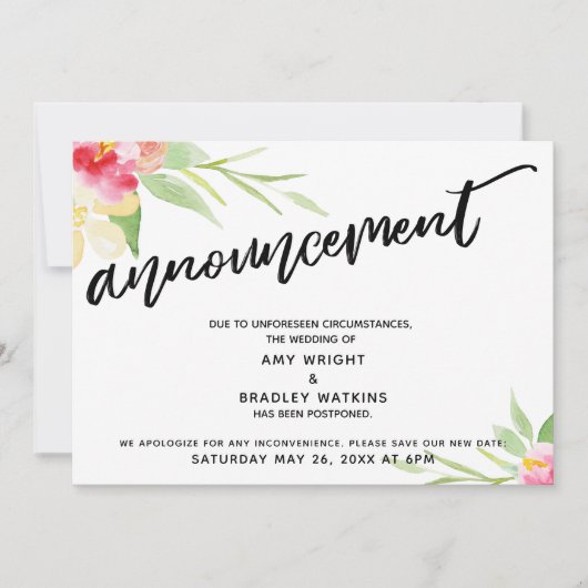 手書きの花柄　延期された結婚発表 招待状 (正面)