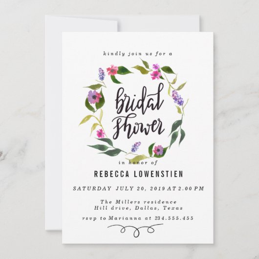 手書きの花輪のブライダルシャワースクリプト 招待状 (正面)