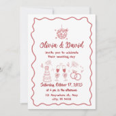 手書きの赤い波状結婚線 招待状 (正面)