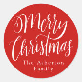 手書きの「メリークリスマス」カスタマイズ可能な赤いギフト ラウンドシール (正面)