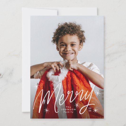 手書きの「メリー」スターリー・スノーフレーク写真 シーズンカード (正面)
