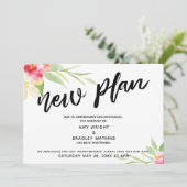 手書きの「新しい計画」花のデザインが延期された結婚式 招待状 (スタンド正面)