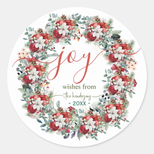 手書きのJoyスクリプト クリスマスリース 名前 赤 ラウンドシール (正面)