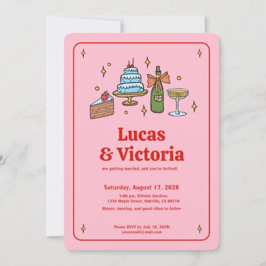 手書きはっきりしたレッドとピお洒落ック結婚ズ 招待状 (正面)