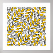 手書きイエローグレー葉のパターン ポスター (正面)
