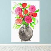 手書きインクドードルピンク&レッドウォーターのカラーフローラ キャンバスプリント (インサイチュ (ウッドフロア))