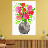 手書きインクドードルピンク&レッドウォーターのカラーフローラ キャンバスプリント (インサイチュ (リビング))