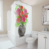 手書きインクドードルピンク&レッドウォーターのカラーフローラ シャワーカーテン (インサイチュ)