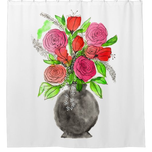 手書きインクドードルピンク&レッドウォーターのカラーフローラ シャワーカーテン (正面)