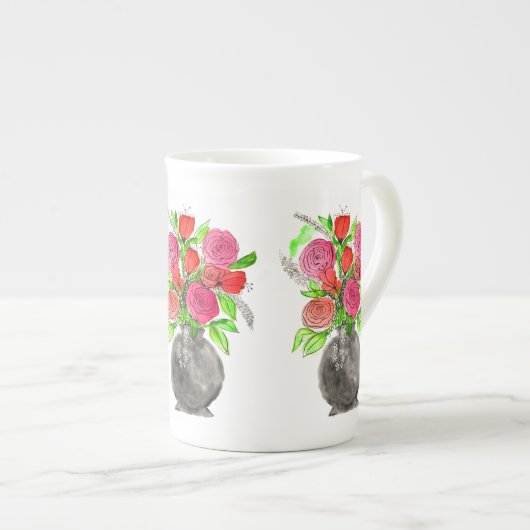手書きインクドードルピンク&レッドウォーターのカラーフローラ ボーンチャイナマグカップ (正面右)