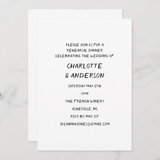 手書きウィムシーブラック文字リハーサルディナー 招待状 (正面/裏面)
