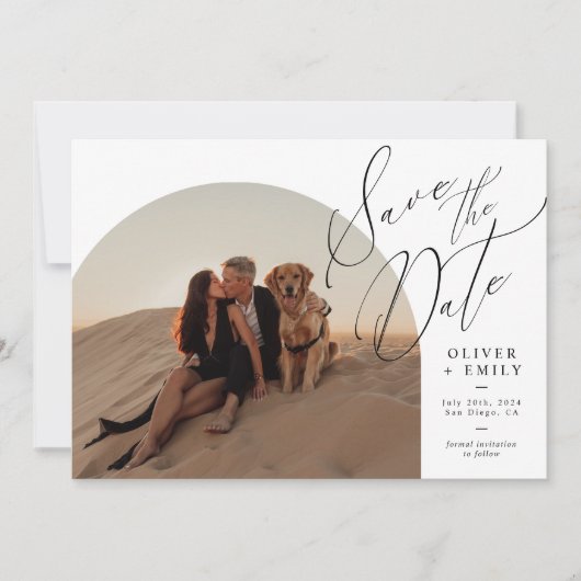 手書きエレガントのアーチ写真日付の保存 招待状 (正面)