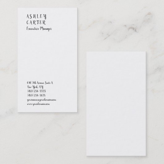 手書きエレガントの印象的な白いプレーンのマネージャー 名刺 (正面/裏面)