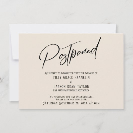 手書きエレガントの延期結婚されたクリームカード 招待状 (正面)