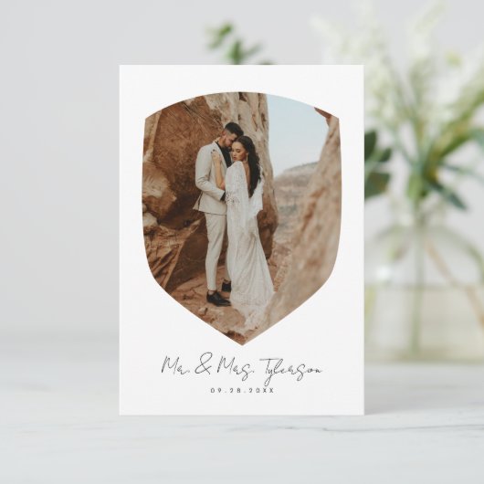 手書きエレガントの額縁の写真に結婚感謝 サンキューカード (スタンド正面)