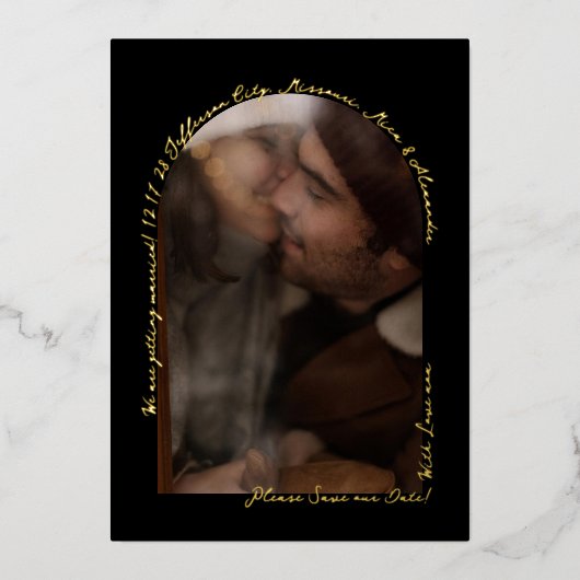 手書きエレガントのArchフォトブラックと実在金ゴールド 箔招待状 (正面)