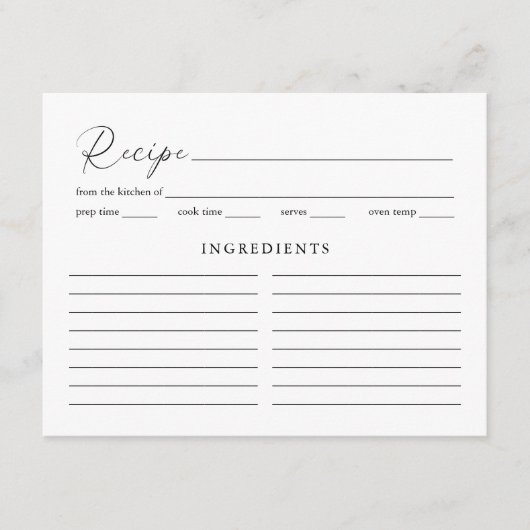 手書きエレガントスクリプトブライダルシャワーレシピ エンクロージャーカード (正面)