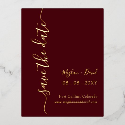 手書きエレガントブルゴーニュ日付を保存 箔招待状ポストカード (正面)