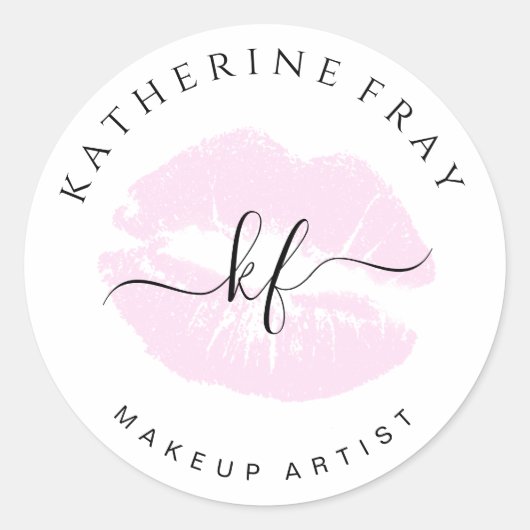 手書きエレガント台本の書道ピンクの唇 ラウンドシール (正面)