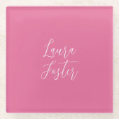 手書きエレガント名ピンク色 ガラスコースター (正面)