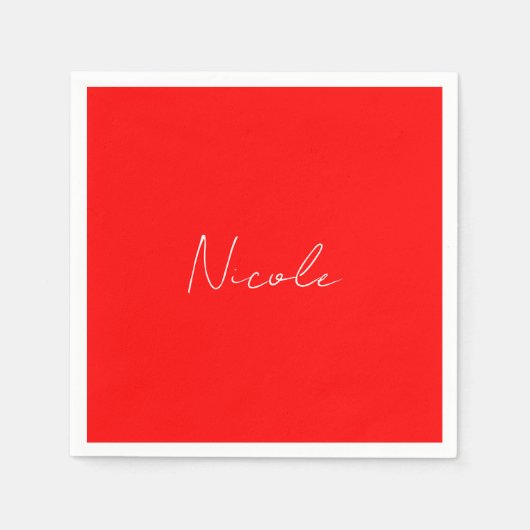手書きエレガント名赤い白の色のプレーン スタンダードカクテルナプキン (正面)