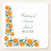 手書きオレンジ植物性抽象芸術結婚ズ スクエアペーパーコースター (正面)