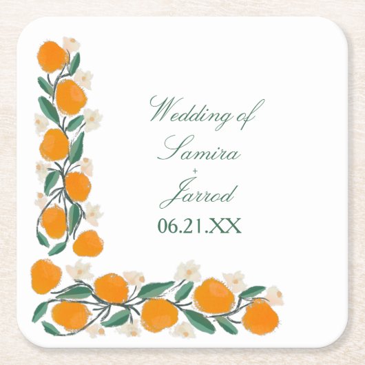 手書きオレンジ植物性抽象芸術結婚ズ スクエアペーパーコースター (正面)