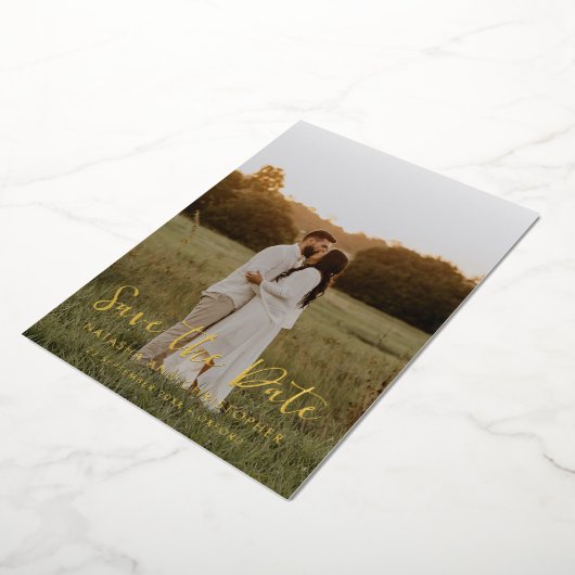 手書きオーバーレイフォト日付金ゴールドの保存 箔招待状 (回転した状態)