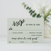 手書きカジュアルメニュー選択結婚のセージ緑 出欠カード (スタンド正面)