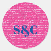 手書きカップルイニシャルカップル名門私立校風のおもしろい ラウンドシール (正面)