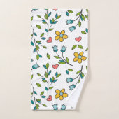 手書きカラフルフローラとハートパターン バスタオルセット (ハンドタオル)