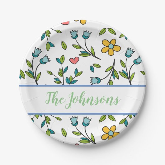 手書きカラフルフローラとハートパターン ペーパープレート (正面)