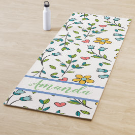 手書きカラフルフローラとハートパターン ヨガマット
